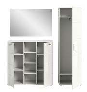 Garderobenkombination in Weiß mit Spiegel, bestehend aus einem hohen Schrank mit offener Tür und einem Sideboard mit mehreren Fächern, frontale Ansicht.