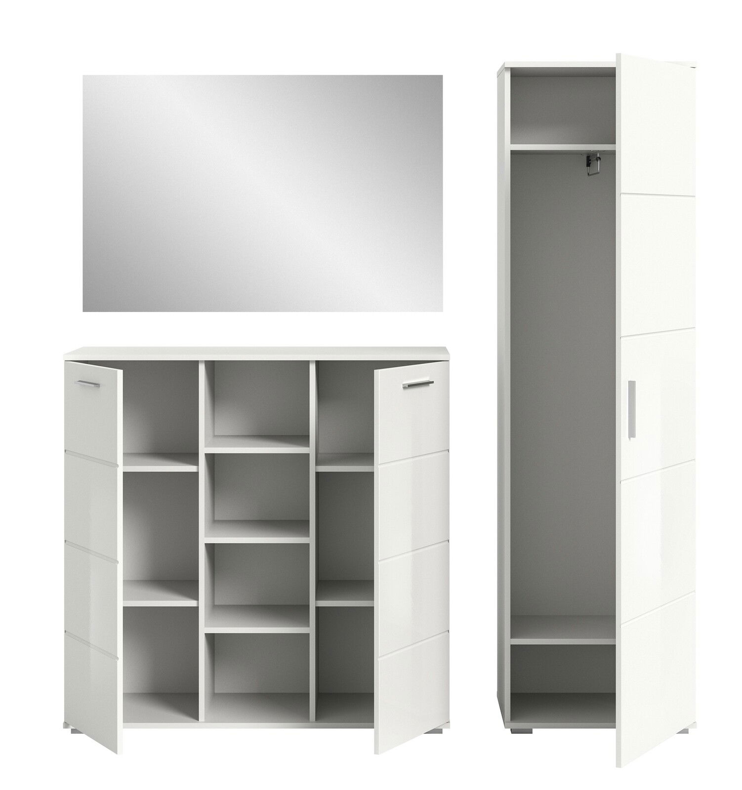 Garderobenkombination in Weiß mit Spiegel, bestehend aus einem hohen Schrank mit offener Tür und einem Sideboard mit mehreren Fächern, frontale Ansicht.