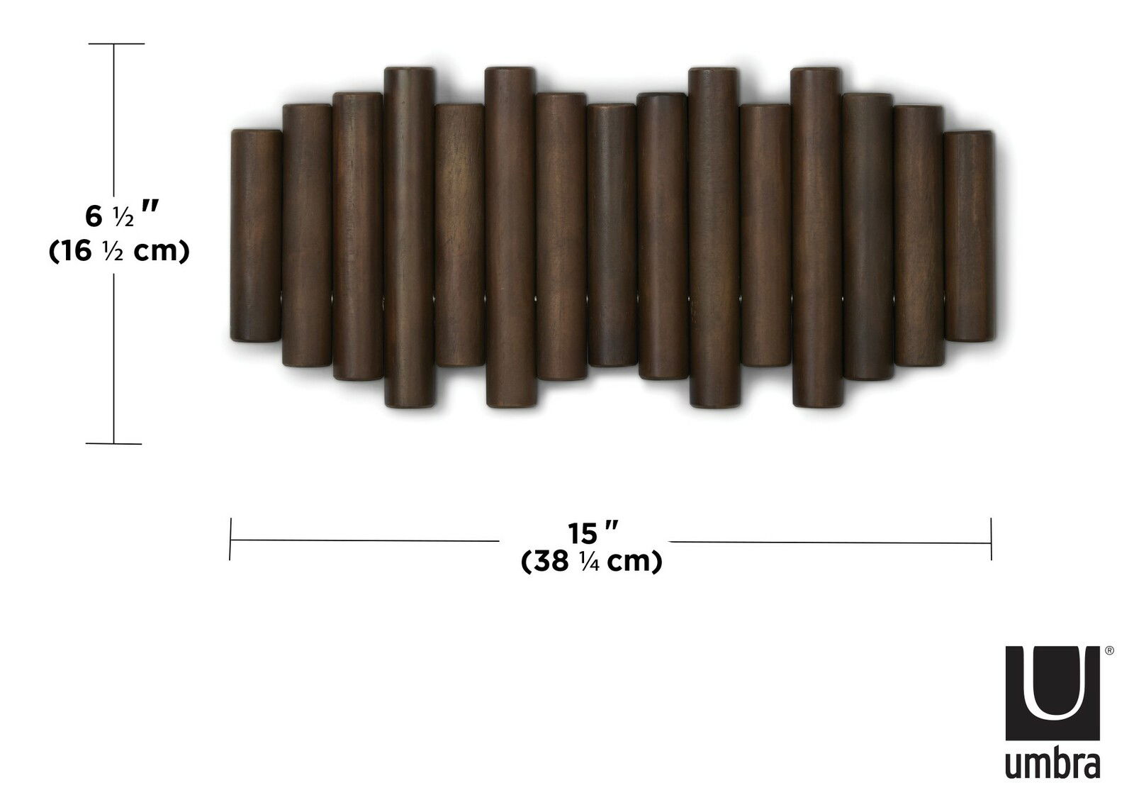 Vorderansicht der Umbra Wandgarderobe PICKET in dunklem Holzdesign, bestehend aus mehreren vertikalen Holzstäben.