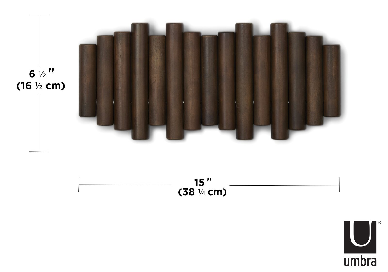Vorderansicht der Umbra Wandgarderobe PICKET in dunklem Holzdesign, bestehend aus mehreren vertikalen Holzstäben.