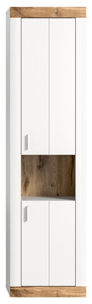 Moderner Hängeschrank in Weiß mit Holzdetails, Frontalansicht
