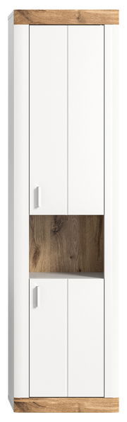 Moderner Hängeschrank in Weiß mit Holzdetails, Frontalansicht