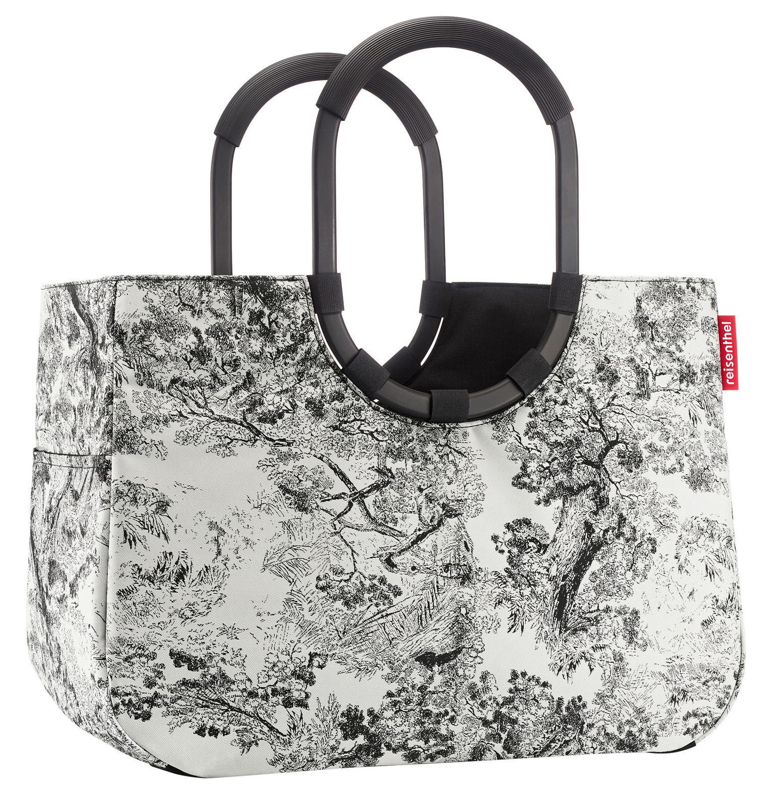 Schwarze und weiße Einkaufstasche mit floralem Muster und zwei großen, runden Griffen, seitliche Perspektive