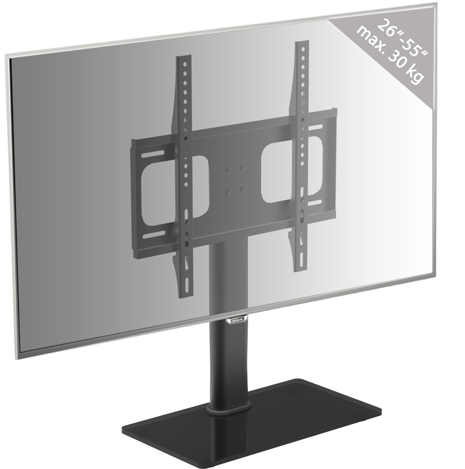 TV-Tischständer mit VESA-Halterung für 26–55 Zoll (max. 30 kg), schwarze Metallkonstruktion, Rückansicht in leicht schräger Perspektive