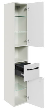 Weißer Hochschrank mit zwei offenen Türen und einer Schublade, seitliche Perspektive