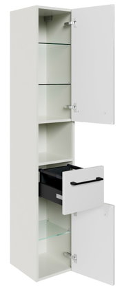 Weißer Hochschrank mit zwei offenen Türen und einer Schublade, seitliche Perspektive