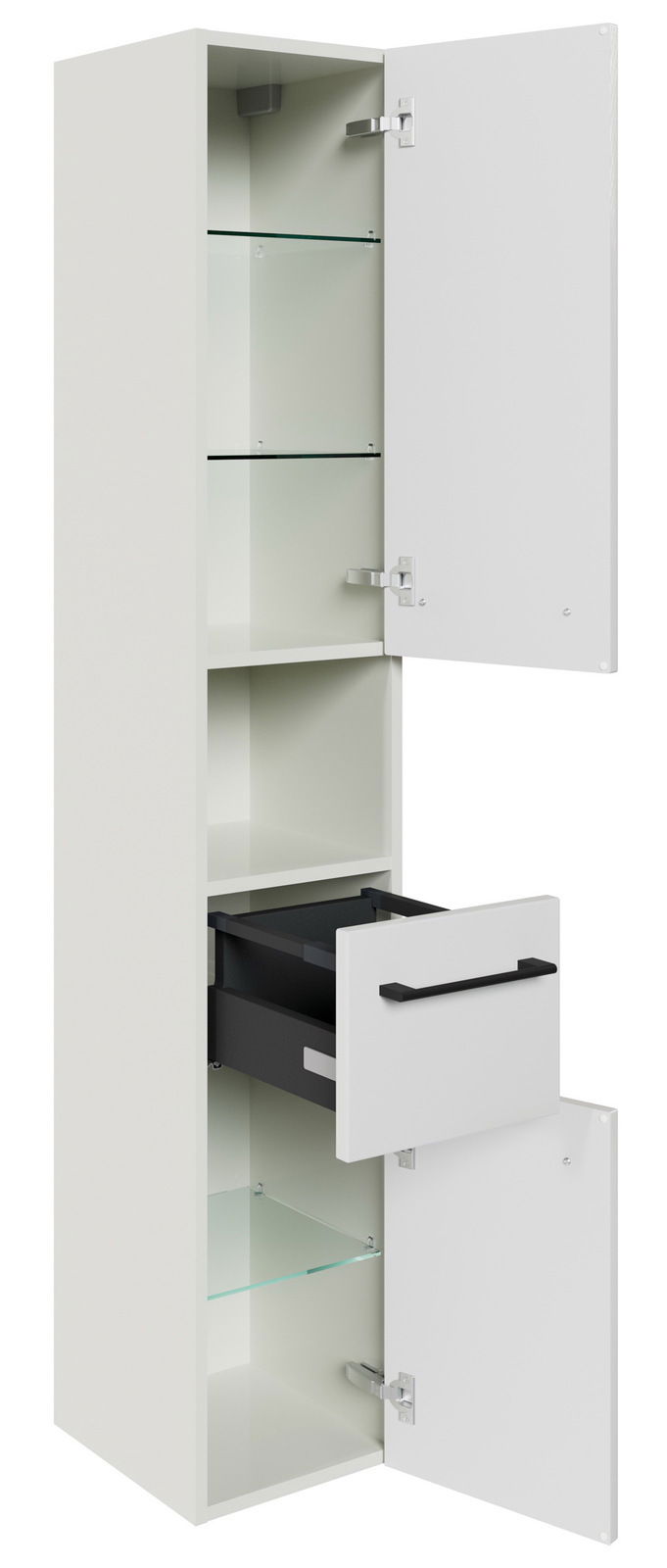 Weißer Hochschrank mit zwei offenen Türen und einer Schublade, seitliche Perspektive