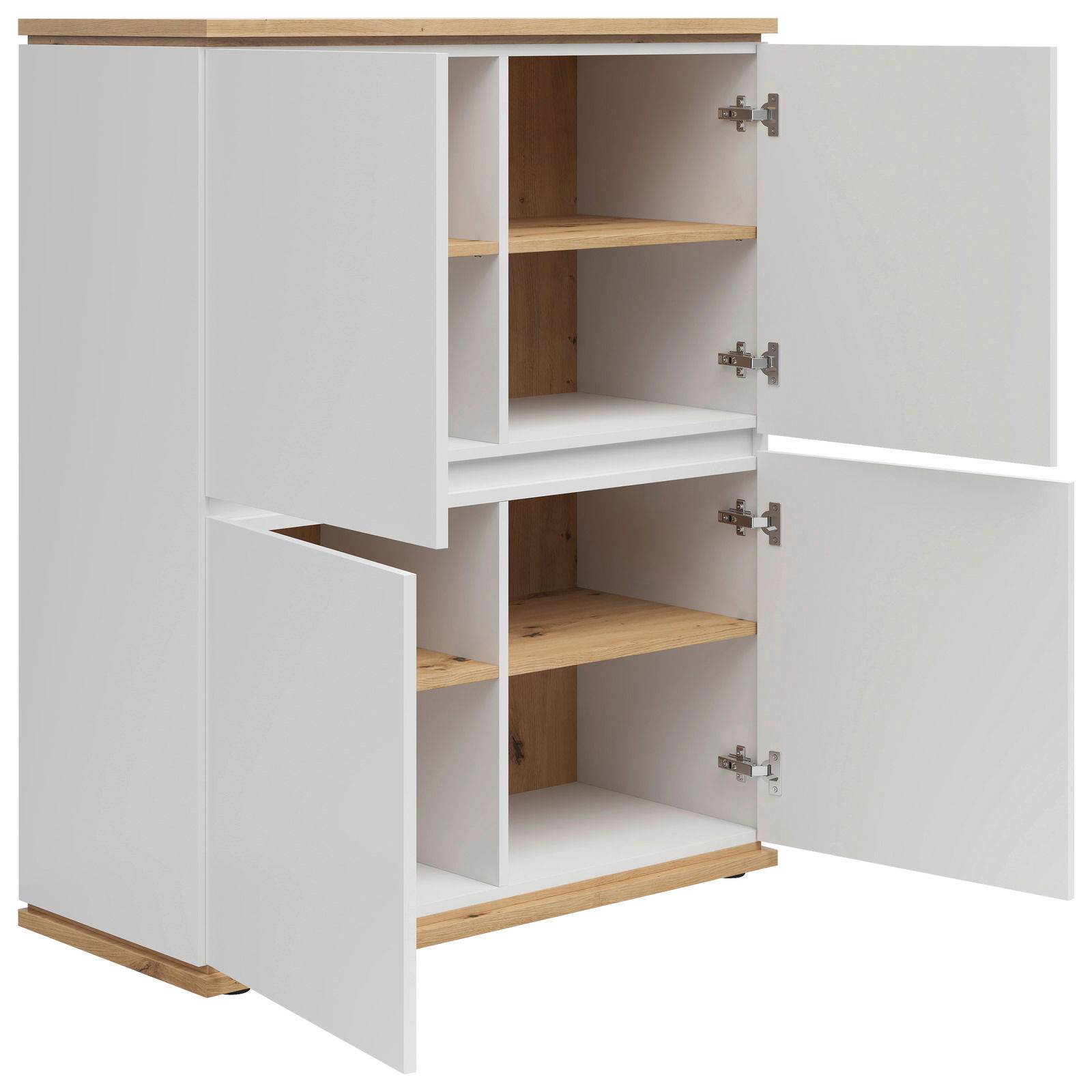 Weißes Highboard mit offenen Türen, Holzregalböden und einer Holzplatte, seitliche Perspektive