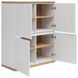 Weißes Highboard mit offenen Türen, Holzregalböden und einer Holzplatte, seitliche Perspektive