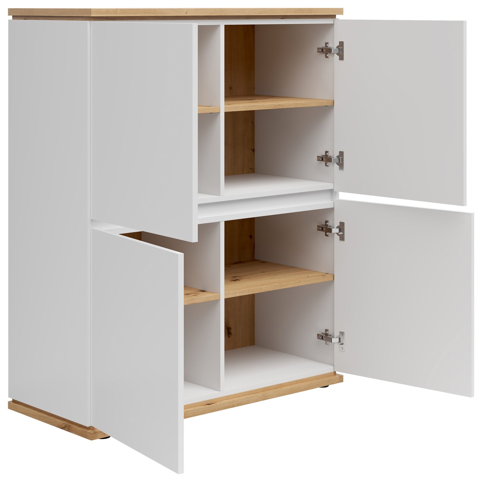 Weißes Highboard mit offenen Türen, Holzregalböden und einer Holzplatte, seitliche Perspektive