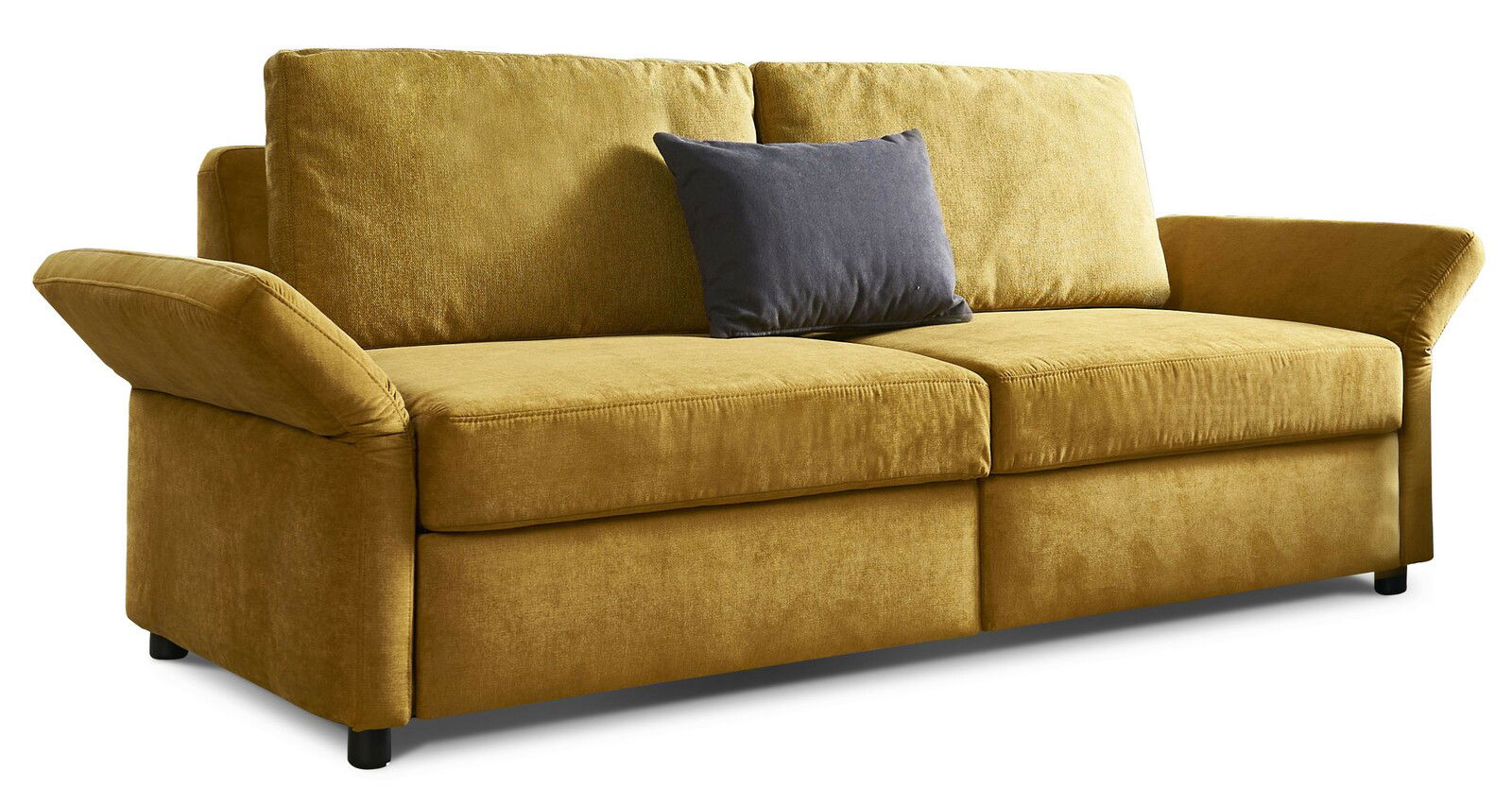 StepOne Schlafsofa MULTIFLEX PLUS Gelbes Funktionssofa mit zwei Sitzplätzen und einem grauen Kissen, seitliche Perspektive