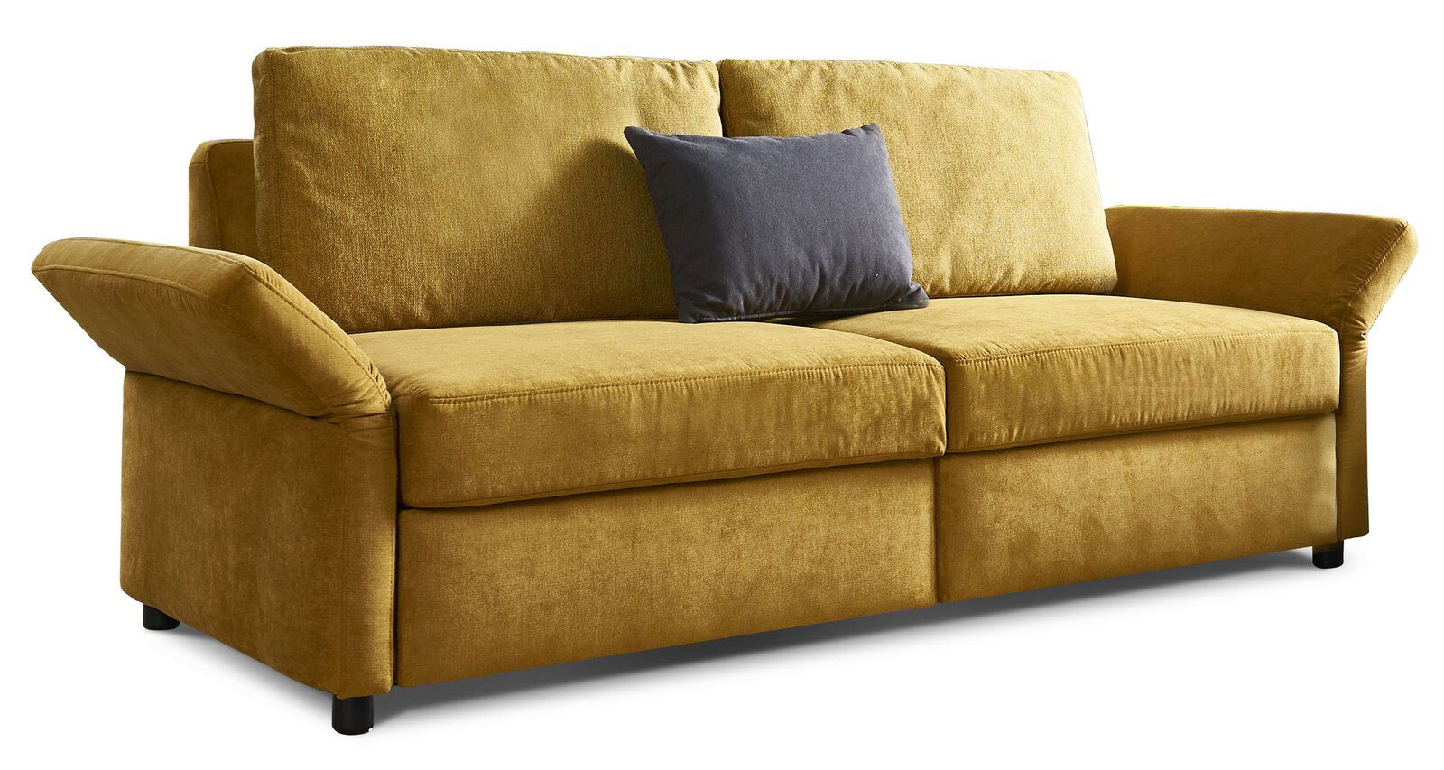 StepOne Schlafsofa MULTIFLEX PLUS Gelbes Funktionssofa mit zwei Sitzplätzen und einem grauen Kissen, seitliche Perspektive