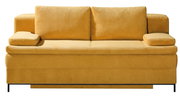 Gelbes Querschläfer-Sofa mit zwei Rückenkissen und Armlehnen, Frontalansicht