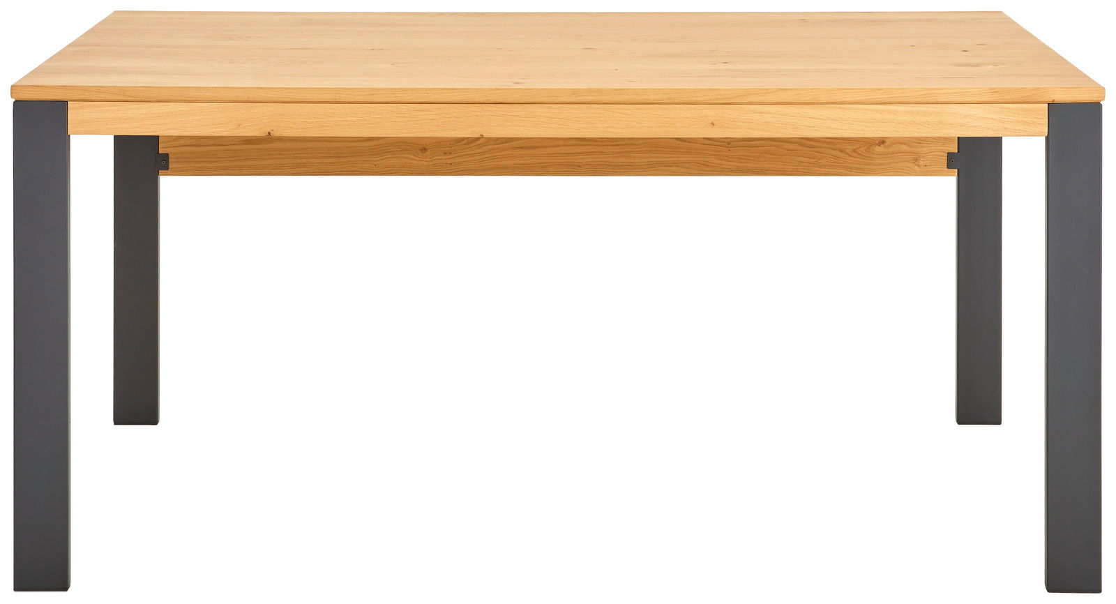 Moderner Schreibtisch mit Holzplatte und schwarzen Metallbeinen, Frontalansicht