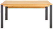Moderner Schreibtisch mit Holzplatte und schwarzen Metallbeinen, Frontalansicht