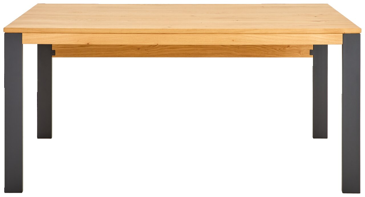 Moderner Schreibtisch mit Holzplatte und schwarzen Metallbeinen, Frontalansicht