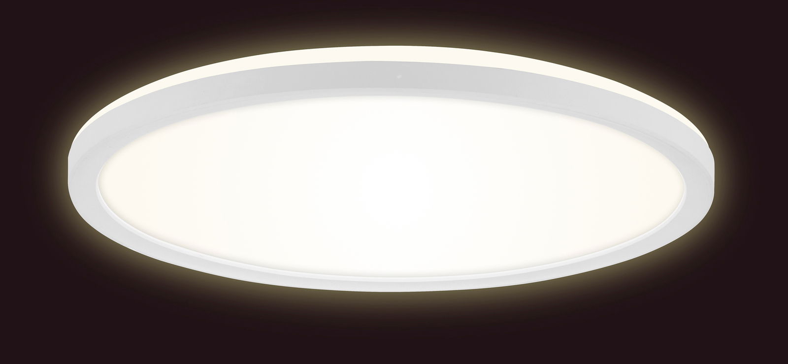 Runde LED-Deckenleuchte in Weiß, seitliche Perspektive, leuchtend auf dunklem Hintergrund.