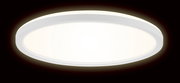 Runde LED-Deckenleuchte in Weiß, seitliche Perspektive, leuchtend auf dunklem Hintergrund.