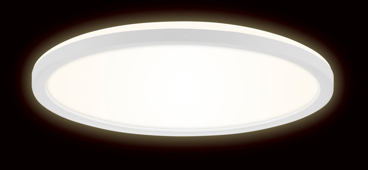 Runde LED-Deckenleuchte in Weiß, seitliche Perspektive, leuchtend auf dunklem Hintergrund.