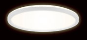 Runde LED-Deckenleuchte in Weiß, seitliche Perspektive, leuchtend auf dunklem Hintergrund.