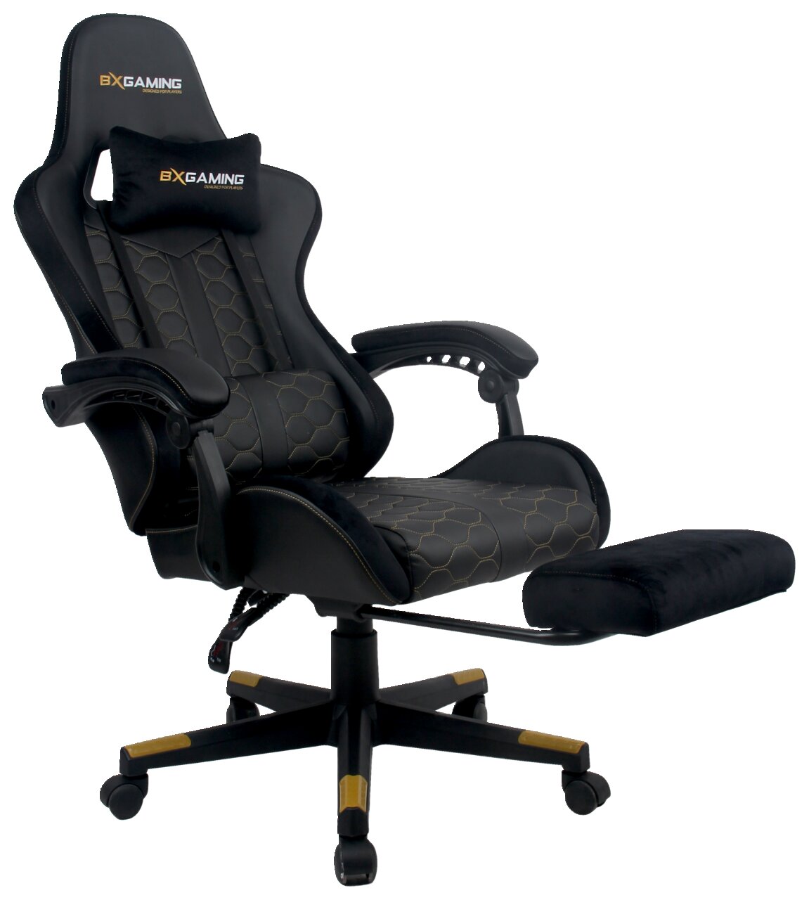 Schwarzer Gaming-Stuhl mit ergonomischem Design, verstellbaren Armlehnen und ausziehbarer Fußstütze, seitliche Perspektive