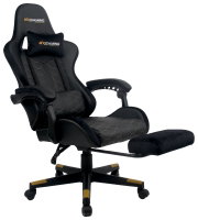 Schwarzer Gaming-Stuhl mit ergonomischem Design, verstellbaren Armlehnen und ausziehbarer Fußstütze, seitliche Perspektive