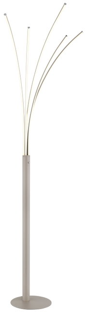 Moderne LED-Stehleuchte in Silber/Beige mit rundem Standfuß und fünf gebogenen Lichtarmen, freigestellt auf weißem Hintergrund, Perspektive: frontale Produktansicht