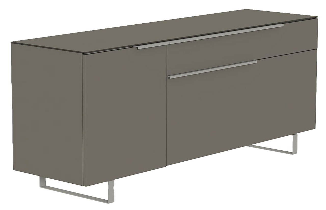 TV-Lowboard in modernem Design, seitliche Perspektive, graue Farbe mit Metallgriffen und -füßen.