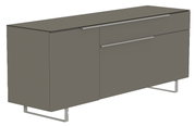 TV-Lowboard in modernem Design, seitliche Perspektive, graue Farbe mit Metallgriffen und -füßen.