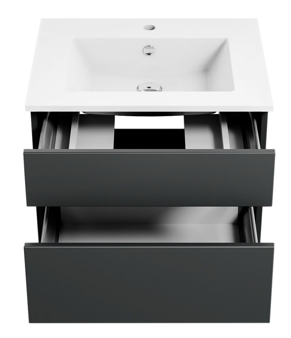 Moderne Badkombination mit Waschbecken und zwei offenen Schubladen, Frontalansicht