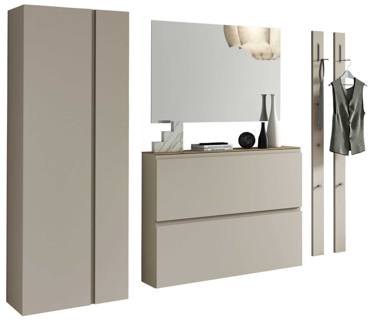 Garderobenset in Beige mit Schrank, Spiegel, Kommode und Kleiderhaken, seitliche Perspektive