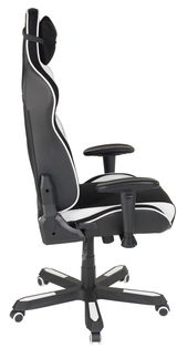 Seitliche Ansicht eines schwarz-weißen Gaming Stuhls mit verstellbaren Armlehnen und Kopfstütze.