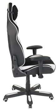 Seitliche Ansicht eines schwarz-weißen Gaming Stuhls mit verstellbaren Armlehnen und Kopfstütze.