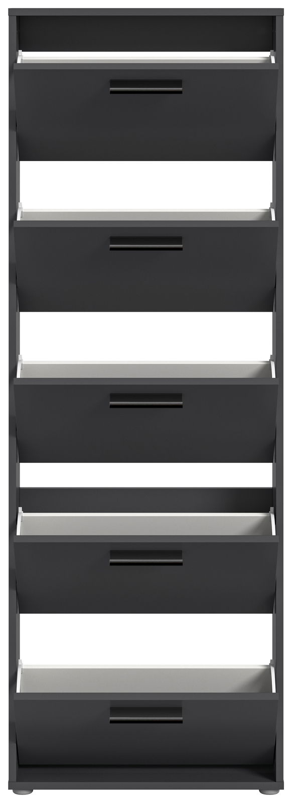 Schwarzer Schuhkipper mit fünf Klappen, frontale Ansicht