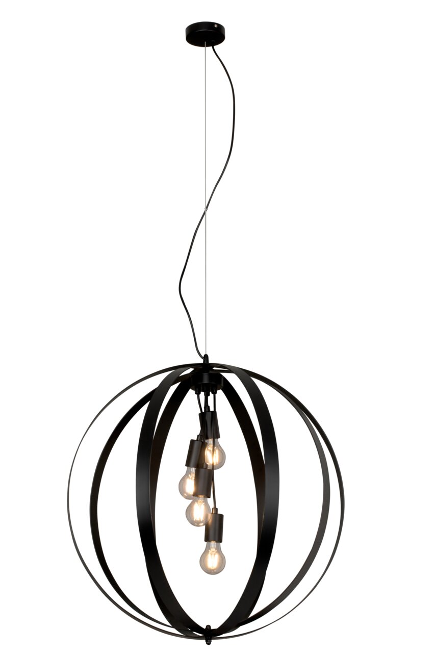 Moderne Hängeleuchte mit schwarzem, kugelförmigem Design und mehreren Glühbirnen, seitliche Perspektive