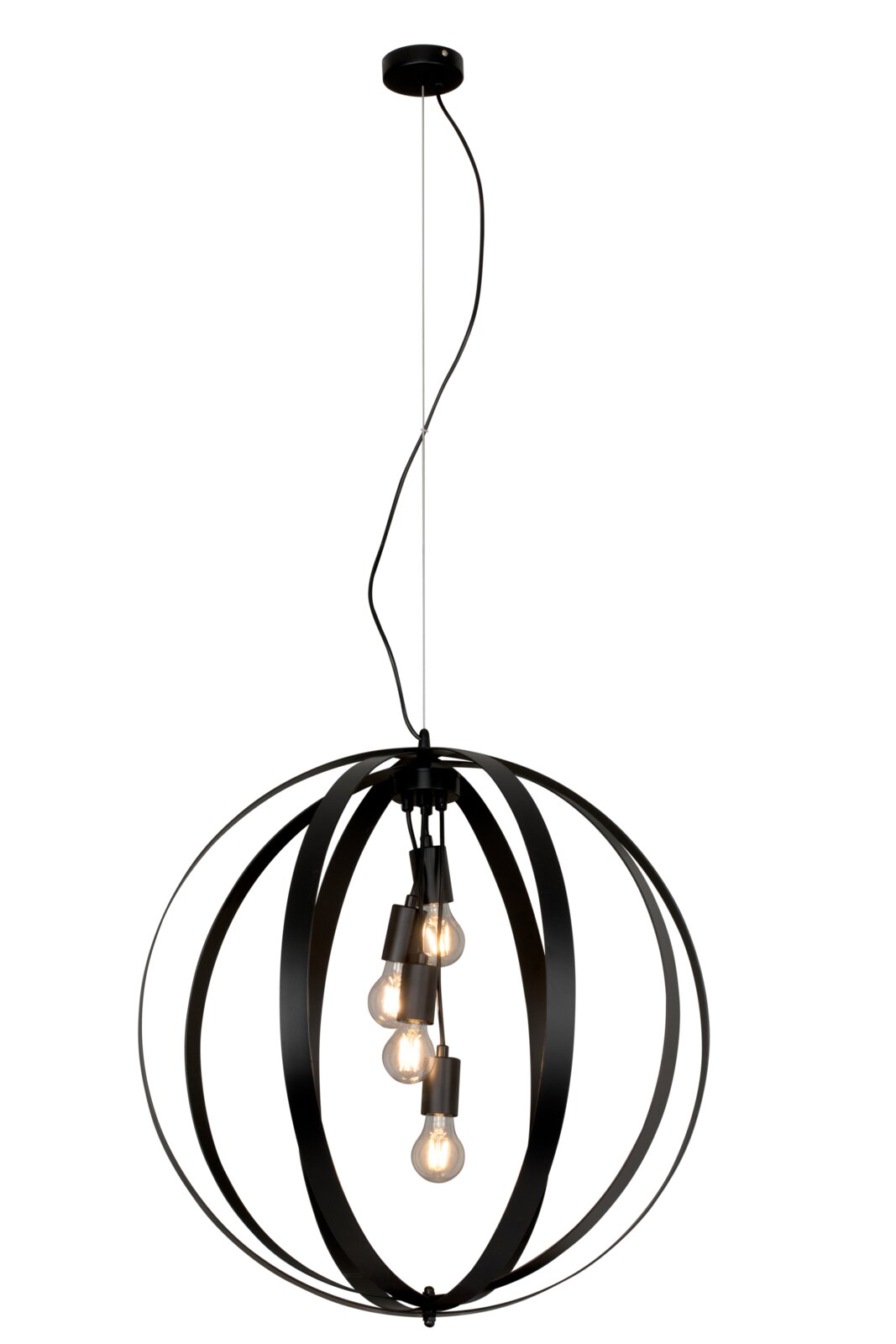 Moderne hanglamp met een zwart, bolvormig ontwerp en meerdere lampen, gezien vanaf de zijkant