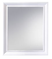 Rechteckiger Spiegel mit weißem Rahmen, frontal fotografiert.