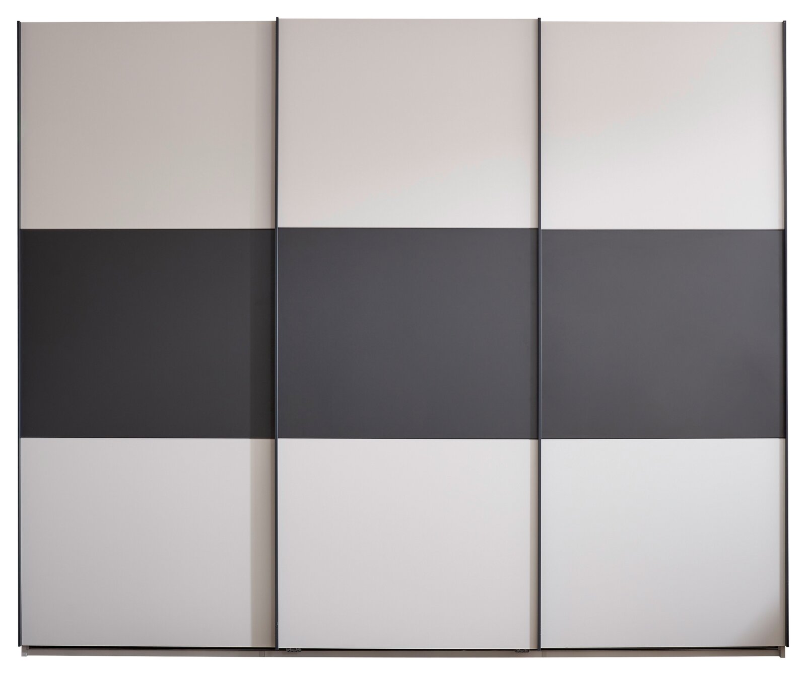 Frontansicht eines modernen Kleiderschranks mit drei Schiebetüren, zweifarbig in Hellgrau und Anthrazit mit horizontalen Farbbändern