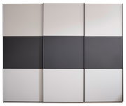 Frontansicht eines modernen Kleiderschranks mit drei Schiebetüren, zweifarbig in Hellgrau und Anthrazit mit horizontalen Farbbändern