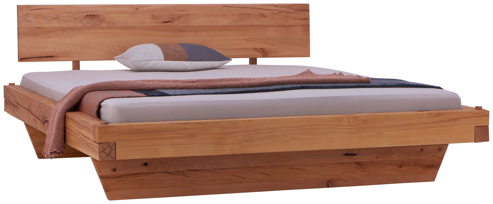 Holzbett mit modernem Design, Kopfteil und dekorativem Kissen, seitliche Perspektive