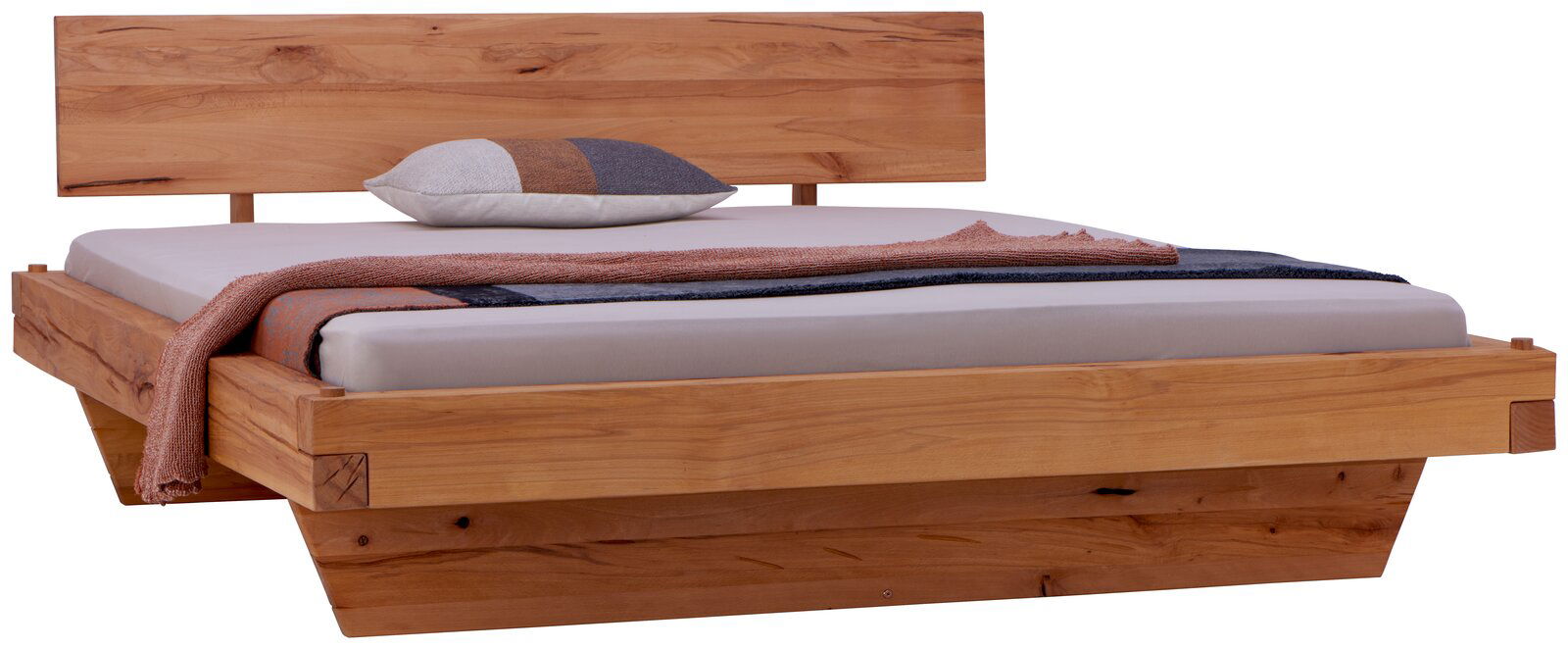 Holzbett mit modernem Design, Kopfteil und dekorativem Kissen, seitliche Perspektive