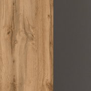 Detailansicht einer Eck-Küchenzeile mit Holzoptik und dunkler Oberfläche.