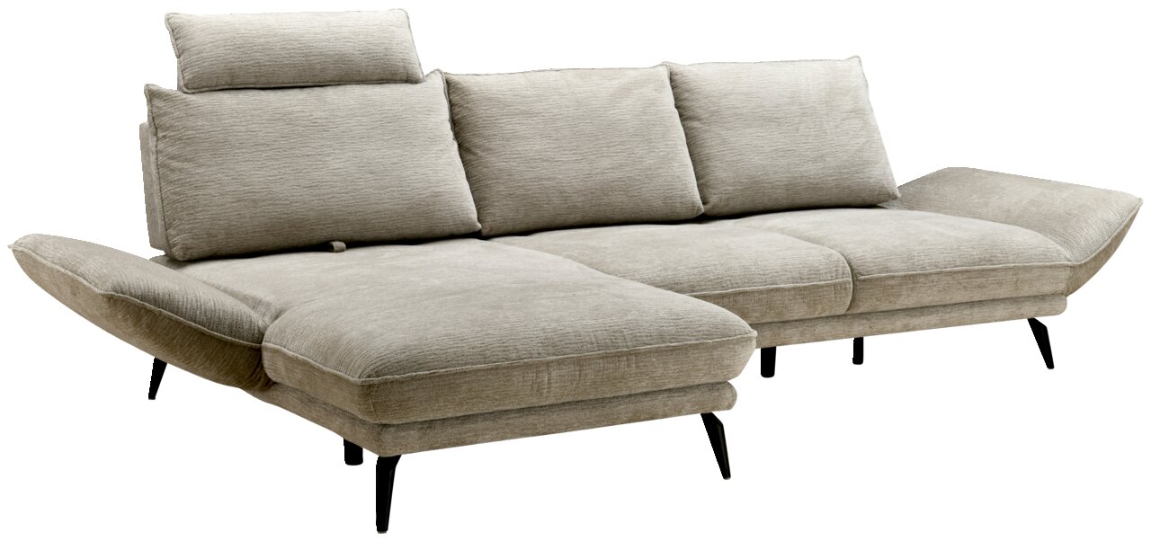 Beige Longchair-Kombination mit verstellbaren Kopfstützen und schrägen Armlehnen, seitliche Perspektive