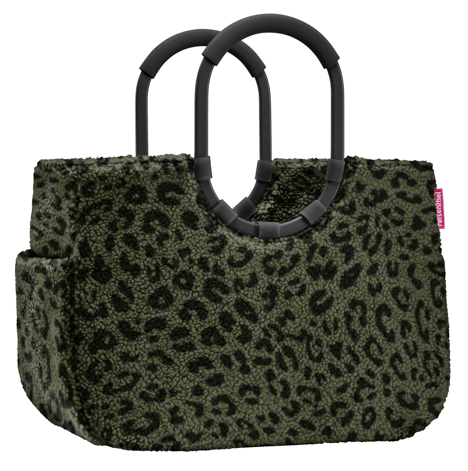 Grüne Tasche mit Leopardenmuster und schwarzen, runden Griffen, seitliche Perspektive