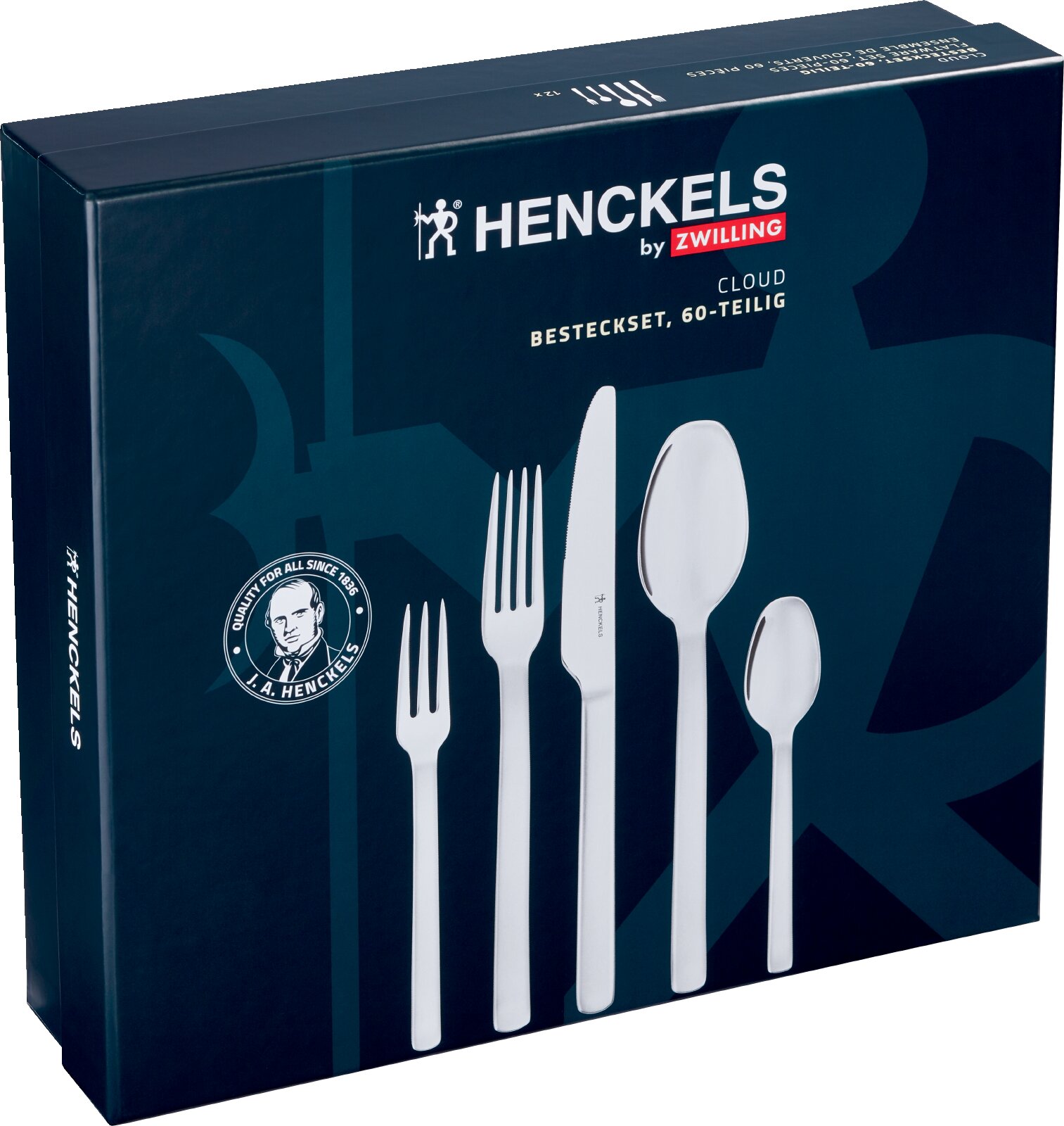 Henckels by Zwilling Cloud bestekset 60-delig in donkerblauwe verpakking met afbeeldingen van vorken, mes en lepels, gefotografeerd in schuin vooraanzicht (driekwart)