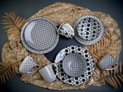 Schwarz-weiß gemustertes Geschirr-Set mit Tellern, Schalen und Tassen auf dekorativem Papier und Trockenblättern, Draufsicht (Flatlay)