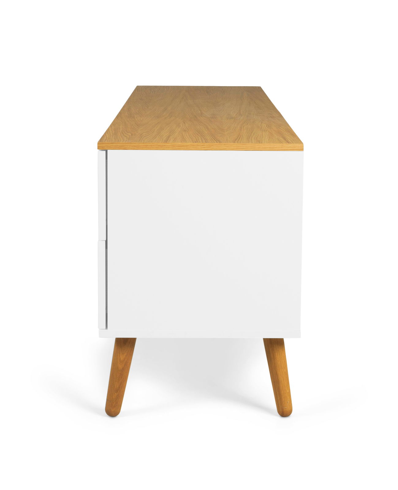 Seitenansicht eines modernen TV-Boards mit weißem Korpus und Holzoberfläche, auf schräg gestellten Holzbeinen.