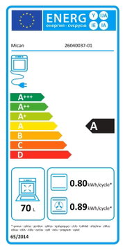 Energieeffizienzlabel für Einbauherd-Set, Energieklasse A, 70 Liter Volumen, 0,80 kWh pro Zyklus, Frontalansicht