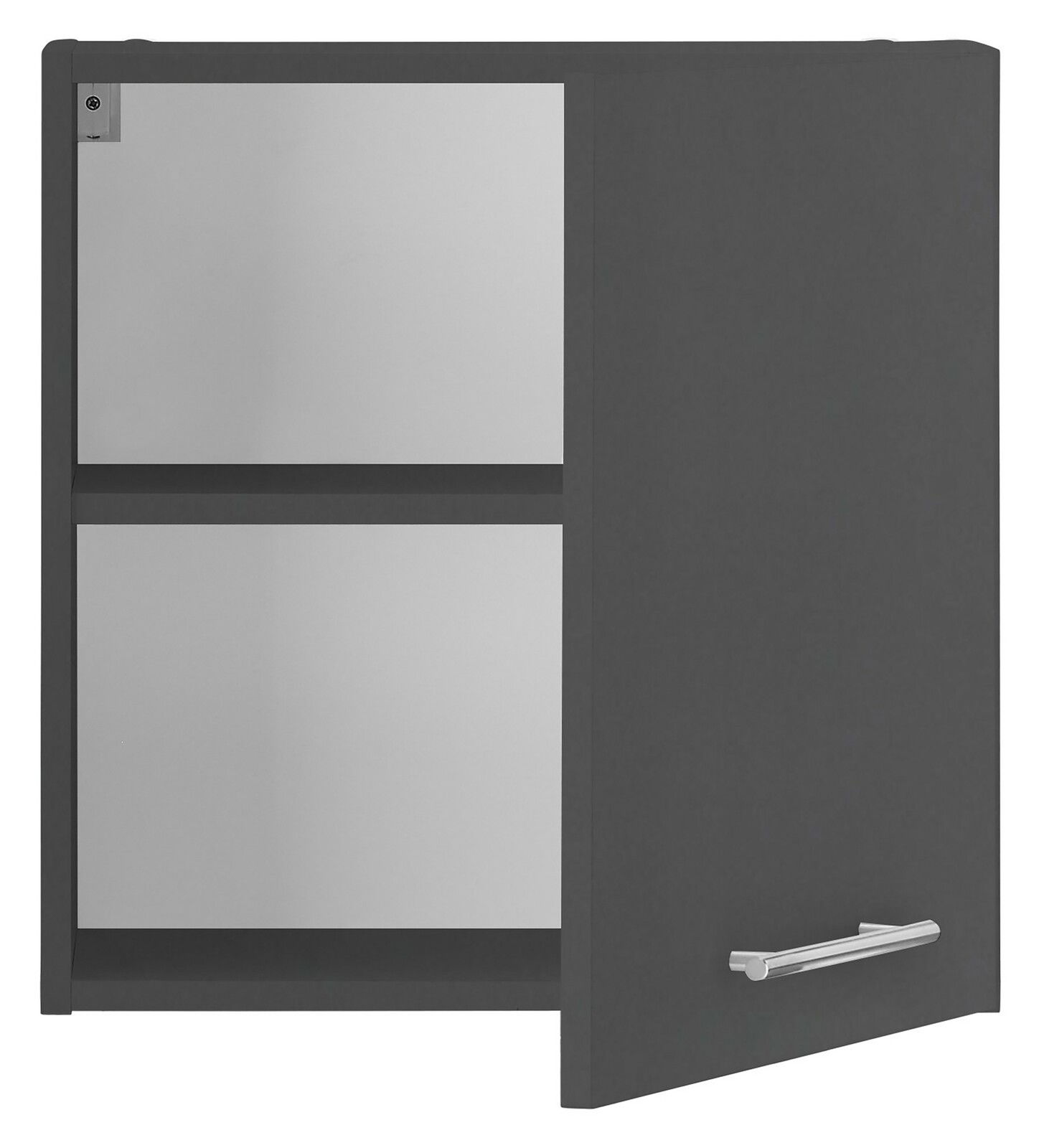 Moderner Hängeschrank XORA PRIMUS in dunklem Design mit einer offenen Tür, Frontalansicht