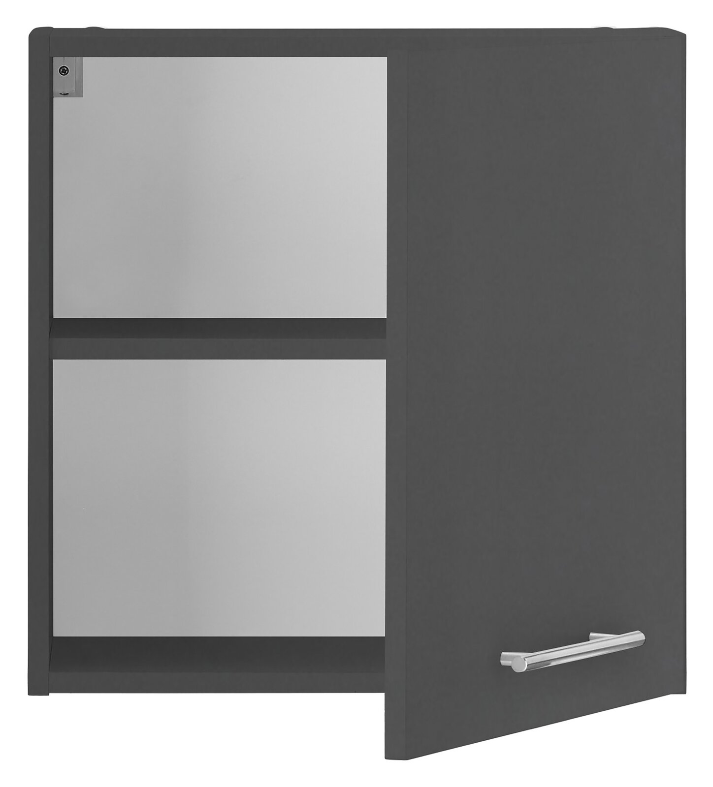 Moderner Hängeschrank XORA PRIMUS in dunklem Design mit einer offenen Tür, Frontalansicht